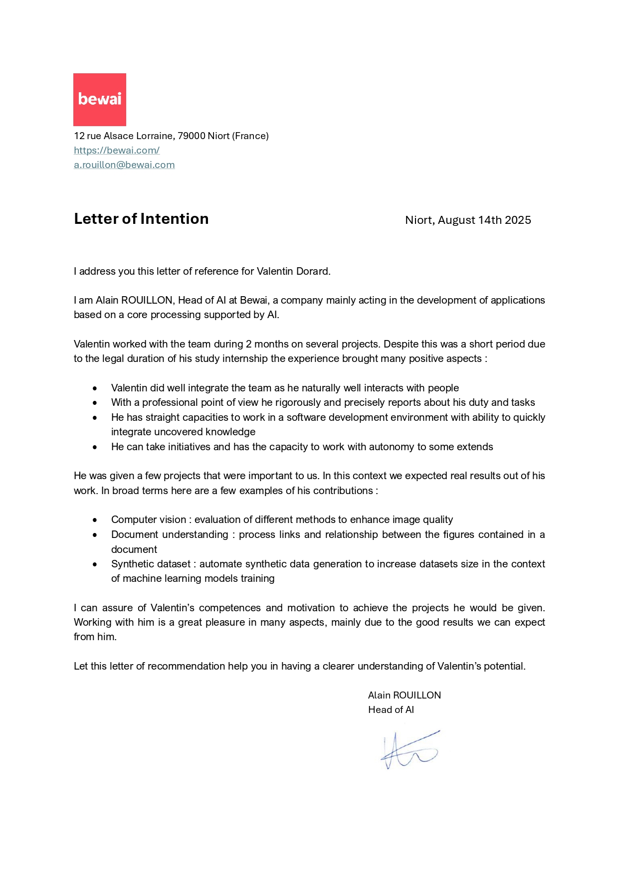 Letter of Recommendation - Bewai