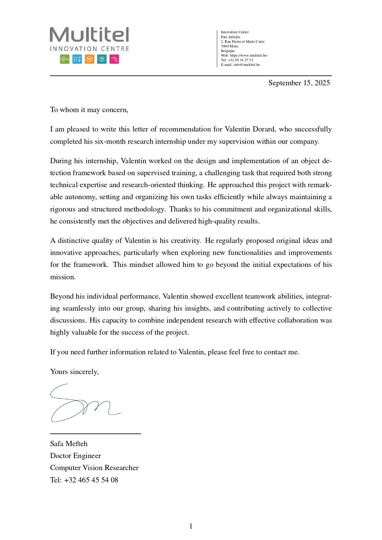 Letter of Recommendation - Multitel A.S.B.L