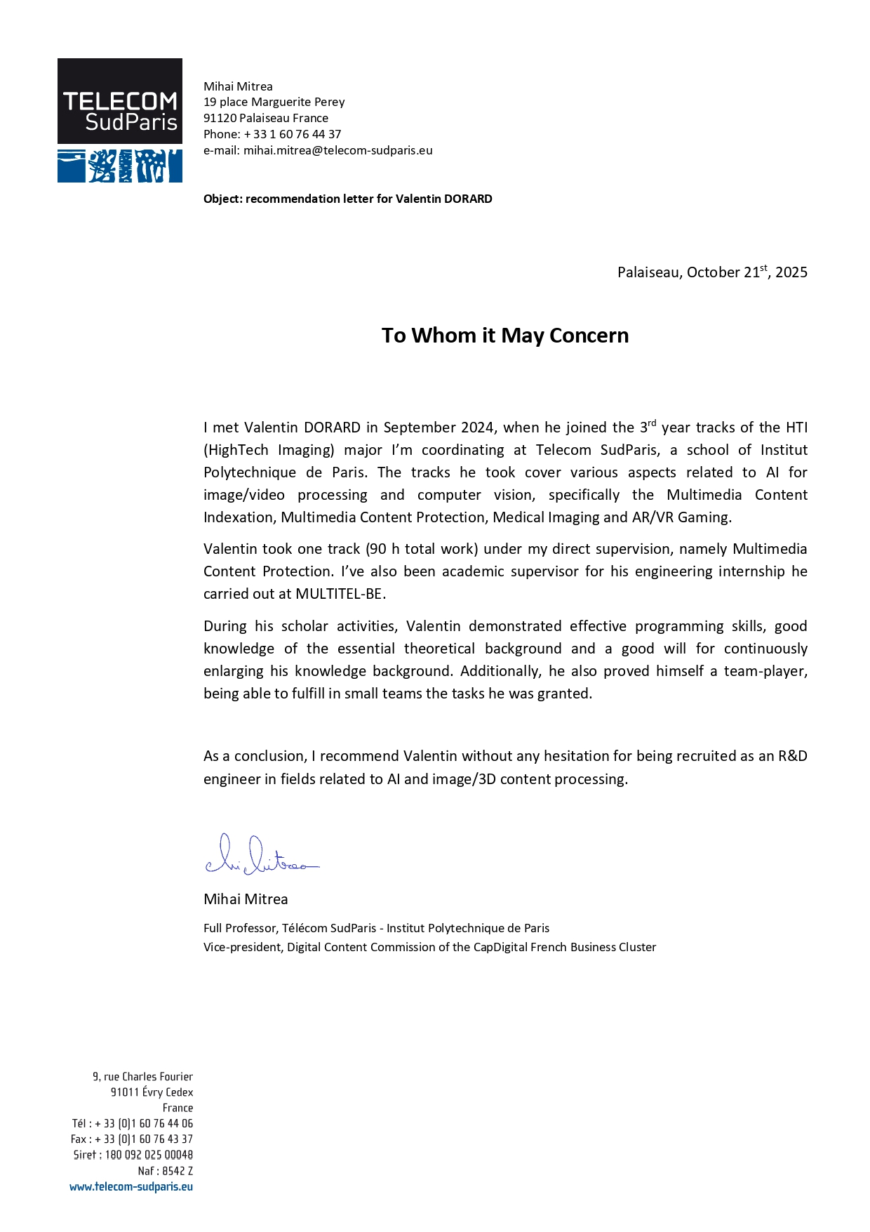 Letter of Recommendation - Professor